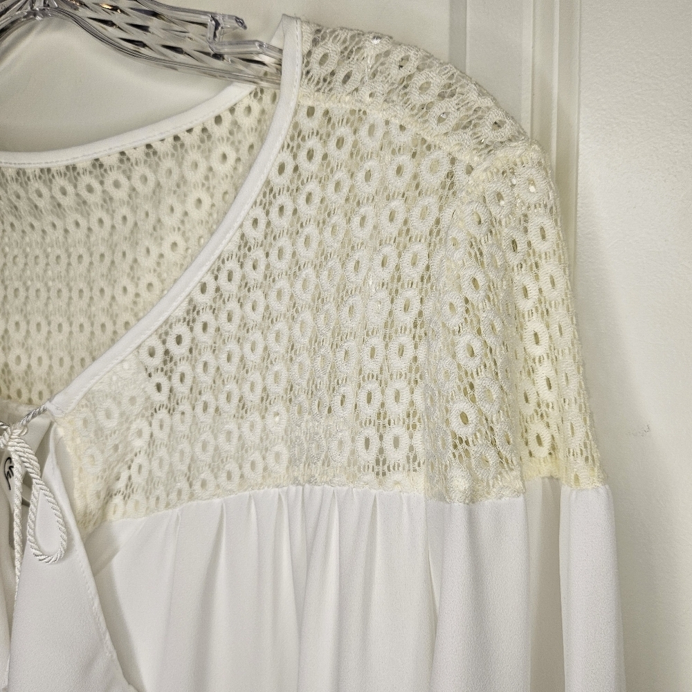 Boho Ivory Lace Yoke Peasant Blouse Tassel Tie Long Sleeve Size L Romantic Flowy - Picture 6 of 11
